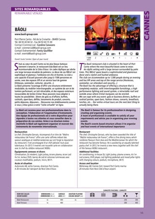 CANNES

SITES REMARQUABLES
REMARKABLE VENUES

BÂOLI
www.baoli-group.com

Port Pierre Canto - Bd de la Croisette - 06400 Cannes
Tél. 04 93 43 04 32 - Fax 04 93 43 15 30
Contact Commercial : Caroline Canavero
e.mail : commercial@baoli-group.com
Contact Evènementiel : Fanny Gaufillier
e.mail : events@baoli-group.com
1 500

Ouvert toute l’année / Open all year round

2

MAXI

S

itué au cœur du port Canto où les plus beaux bateaux
viennent s’amarrer, le restaurant-club Bâoli est un lieu
incontournable de la Côte d’Azur. Un cadre idyllique qui abrite
une large terrasse encadrée de palmiers. Le décor de ces 900 m² est
sophistiqué et glamour, l’ambiance est chic et feutrée. Le club a
une capacité d’accueil pouvant aller jusqu’à 1 500 personnes en
soirée, avec des espaces VIP et un service haut de gamme
(Hôtesses, sommelier, voiturier, sécurité…).
Le Bâoli présente l’avantage d’offrir une structure entièrement
modulable, du mobilier interchangeable, un système de son et de
lumière performant, un toit rétractable, et des espaces extérieurs
recouvrables de tentes Cristal. Nous pouvons nous adapter à
toutes les possibilités : dîners de gala ou d’affaire, buffets,
cocktails, open-bars, défilés, lancements de produit, concerts,
petits déjeunes, déjeuners… Découvrez nos établissements comme
si vous y étiez grâce à notre “visite virtuelle“ en ligne.
Le Bâoli est reconnu pour son professionnalisme dans la
conception, l’élaboration et l’organisation d’événements.
Une équipe de professionnels est à votre disposition pour
répondre à toutes vos attentes et vous conseiller dans la
préparation de vos soirées. Grâce à sa structure événementielle le Bâoli sait également organiser et recevoir des
événements de renommée internationale.

-

-

1

-

-

T

he Baoli restaurant-club is situated in the heart of Port
Canto where the most beautiful boats come to moor.
An idyllic setting with a large terrace surrounded by palm
trees. This 900 m2 space boasts a sophisticated and glamorous
decor and a stylish and hushed ambiance.
The club can accommodate up to 1,500 people during an evening
and has VIP areas and top of the range service (Hostesses,
sommelier, car attendant and security...)
The Baoli has the advantage of offering a structure that is
completely modular, with interchangeable furnishings, a high
performance lighting and sound system, a retractable roof and
outside areas where Cristal marquees can be erected.
We can cope with any event: gala or business dinners, buffets or
cocktail parties, open-bars, fashion shows, concerts, breakfasts,
lunches, etc… Our online virtual tours are the next best thing to
actually being there.
The Baoli is famous for its professionalism in designing,
creating and organising events.
A team of professionals is available to satisfy all your
requirements and advise you in organising your evening
events.
The Baoli’s events based structure allows it to organise
and host events of international importance

Restauration
Le chef, Christophe Gervais, récompensé d’un titre de “Maître
restaurateur de France“ offre une carte raffinée mêlant des
saveurs asiatiques et méditerranéennes qui ont forgé la réputation
du restaurant. Il est accompagné d’un chef pâtissier tout aussi
talentueux. En 2013 il invente une nouvelle carte en collaboration
avec le chef du célèbre restaurant NOBU.
Équipements annexes et divers
Climatisation, DJ résident, Light jockey, écrans plasma, écran Led
4 x 1m, lecteur DVD, barres de Led et colonnes lumineuses avec
couleurs modifiables, podium, micro, Wi-Fi.
Accès et situation
Autoroute A8, sortie Cannes, direction Port Canto.
A 20 minutes de l’aéroport de Nice Côte d’Azur.

Restaurant
The chef, Christophe Gervais, who has been awarded the title of
“Maître restaurateur de France”, offers a fine dining menu which
combines flavours from Asia and the Mediterranean for which the
restaurant has become famous. He is assisted by an equally talented
pastry chef. In 2013, he invents a new menu together with the chef
of the famous NOBU restaurant .
Additional facilities
Air conditioning, in-house DJ, Light jockey, plasma screens, 4 x 1 m
Led screens, DVD player, Led lighting pedestals and mood pillar lights
with changing colours, podium, microphone, Wi-Fi.
Access and location
Motorway A8, Cannes Exit, toward Port Canto marina
20 minutes from Nice Côte d’Azur airport.

CAPACITÉ D’ACCUEIL / CAPACITY
NOM DES SALLES
ROOM NAMES

DIMENSIONS (l x L)
DIMENSIONS (W x L)

SURFACE
AREA (m2)

HAUTEUR PLAFOND
CEILING HEIGHT (cm)

Bâoli Restaurant
Bâoli Terrasse

nc
nc

400
460

nc
-

-

-

-

250
300

300
400

145

 
