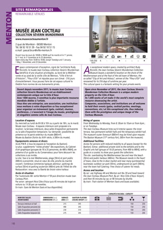 MENTON

SITES REMARQUABLES
REMARKABLE VENUES

MUSÉE JEAN COCTEAU

COLLECTION SÉVERIN WUNDERMAN
www.museecocteaumenton.fr

2 quai de Monléon - 06500 Menton
Tél. 04 92 10 51 39 - Fax 04 92 10 51 15
e.mail : pascal.brun@ville-menton.fr
Ouvert tous les jours de 10h00 à 18h00 sauf les mardis et le 1er janvier,
le 1er mai, le 1er novembre et le 25 décembre.
Open every day from 10:00 to 18:00, except Tuesdays and 1 January,
1 May, 1 November, and 25 December.

150-250
MAXI

E

4

-

-

-

-

-

A

space contemporain d’exception, signé de l’architecte Rudy
Ricciotti, le musée Jean Cocteau collection Séverin Wunderman
bénéficie d’une situation privilégiée, au bord de la Méditerranée et au pied de la vieille ville de Menton, “Ville d’Art et
d’Histoire“, “Fleur d’Or“ et réputée pour son climat - 316 jours
d’ensoleillement. Vous pouvez faire de cet espace culturel le
théâtre hors normes de vos évènements privés.

n exceptional modern space, created by architect Rudy
Ricciotti, the Jean Cocteau Séverin Wunderman Collection
Museum boasts a wonderful location on the shore of the
Mediterranean and at the foot of the old town of Menton, the
so-called “City of Art and History”, winner of the “Fleur d’Or” and
renowned for its 316 days of sunshine per year.
This cultural space is a fantastic setting for your private events.

Ouvert depuis novembre 2011, le musée Jean Cocteau
collection Séverin Wunderman est un établissement
contemporain unique sur la Côte d’Azur.
Avec 1 800 œuvres, il constitue la plus importante ressource
mondiale dédiée à l’artiste.
Vous êtes une entreprise, une association, une institution :
nous mettons à votre disposition ce lieu exceptionnel
pour organiser un évènement (gala, cocktail, réunion,
conférence…) s’associant à l’image du musée, prestigieuse
et singulière comme celle de Jean Cocteau.

Open since November of 2011, the Jean Cocteau Séverin
Wunderman Collection Museum is a unique modern
property on the Côte d’Azur.
Its 1,800 works of art make it the world’s most complete
resource showcasing the artist.
Companies, associations, and institutions are all welcome
to hold their events (galas, cocktail parties, meetings,
conventions, etc.) at this exceptional site, thus imbuing
them with the prestigious and unique image of the
Cocteau Museum.

Location d’espaces
Du mercredi au lundi de 8 h 30 à 10 h ou à partir de 18 h ; ou le mardi.
Musée Jean Cocteau - 4 espaces intérieurs sont proposés à la
location : la terrasse intérieure, deux salles d’exposition permanente
ou la salle d’exposition temporaire. Sur demande : possibilité de
présence sur le parvis extérieur du musée (800 m²).
Musée du Bastion (fortin du XVIIe siècle, à 200 m du musée).
Équipements annexes et divers
Accès P.M.R. à tous les espaces (à l’exception du Bastion).
Le plus : suppléments “visites privées“ des expositions, du Cabinet
d’art graphique (groupes de 10 à 25 personnes, de 400 à 900 €), en
présence d’un guide ou du Conservateur, pour faire découvrir les
collections à vos invités.
Le site : face à la mer Méditerranée, plage (50 m) et port public
(400 m) à proximité ; situé en cœur de ville, proche du marché
couvert ; nombreux commerces typiques alentour ; parkings de
surface (50 m) et parking souterrain (400 m) près de l’Hôtel de ville
Restauration : vous avez la liberté de choisir votre traiteur.
Accès et situation
Par l’autoroute A8 : sortie Menton n° 59 puis direction musée Jean
Cocteau / Port.
Par avion : aéroport Nice Côte d’Azur puis 45 minutes de trajet en
voiture ou 1 h 30 par car-navettes.
En train : Gare de Menton (taxis et bus disponibles).

Hiring of spaces
From Wednesday to Monday, from 8 : 30 am to 10 am or from 6 pm ;
or on Tuesdays.
The Jean Cocteau Museum hires out 4 interior spaces: the inner
terrace, two permanent exhibit halls and the temporary exhibit hall.
The museum’s outer forecourt (800 m²) may be hired upon request.
The Bastion Museum (17th century fort, 200 m from the museum).
Additional facilities
Access for persons with reduced mobility to all spaces (except for the
Bastion). Extras : additional private visits to the exhibits and to the
Graphic arts hall (groups of 10-25 persons, from 400 to 900 €), with a
guide or a curator, to show your guests the collections.
The site : overlooking the Mediterranean Sea and near the beach
(50 m) and public harbour (400 m). The Museum stands in the heart
of town, close to the in-door market and near many quintessential
businesses: outdoor car park (50 m), underground car park (300 m),
near the town hall Catering : Free choice of caterer for meals.
Access and location
By car : use highway A8 and Menton exit No. 59 and head toward
the Jean Cocteau Museum / Port. By air : Nice Côte d’Azur Airport,
and then 45 minutes by car, or 90 minutes by shuttle.
By train : Train station of Menton (taxis and buses available).

CAPACITÉ D’ACCUEIL / CAPACITY
NOM DES SALLES
ROOM NAMES

Terrasse intérieure et hall
Salle d’exposition permanente (rdc)
Salle d’exposition permanente (-1)
Salle d’exposition temporaire (rdc)

148

DIMENSIONS (l x L)
DIMENSIONS (W x L)

SURFACE
AREA (m2)

HAUTEUR PLAFOND
CEILING HEIGHT (cm)

-

215
490
230
275

345
345
310
345

-

-

-

150
150
100
150

250
250
200
200

 