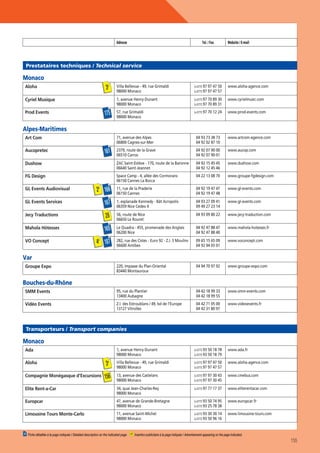 Adresse

Tel. / Fax

Website / E-mail

Prestataires techniques / Technical service

Monaco

3e

Aloha

175

Prod Events

(+377) 97 97 47 50
(+377) 97 97 47 57

www.aloha-agence.com

1, avenue Henry-Dunant
98000 Monaco

Cyriel Musique

Villa Bellevue - 49, rue Grimaldi
98000 Monaco

(+377) 97 70 89 30
(+377) 97 70 89 31

www.cyrielmusic.com

57, rue Grimaldi
98000 Monaco

(+377) 97 70 12 24

www.prod-events.com

Alpes-Maritimes
Art Com

71, avenue des Alpes
06800 Cagnes-sur-Mer

04 93 73 38 73
04 92 02 87 10

www.artcom-agence.com

2379, route de la Grave
06510 Carros

04 92 07 90 00
04 92 07 90 01

www.aucop.com

Dushow

ZAC Saint-Estève - 170, route de la Baronne
06640 Saint-Jeannet

04 92 15 45 45
04 92 12 45 46

www.dushow.com

FG Design

Space Camp - 4, allée des Cormorans
06150 Cannes La Bocca

04 22 13 08 70

www.groupe-fgdesign.com

11, rue de la Praderie
06150 Cannes

04 92 19 47 47
04 92 19 47 48

www.gl-events.com

161

Aucopretec

GL Events Audiovisual

2e 166

GL Events Services

167

1, esplanade Kennedy - Bât Acropolis
06359 Nice Cedex 4

04 93 27 09 41
09 49 27 23 14

www.gl-events.com

Jecy Traductions

28

56, route de Nice
06650 Le Rouret

04 93 09 80 22

www.jecy-traduction.com

Mahola Hôtesses

165

Le Quadra - 455, promenade des Anglais
06200 Nice

04 92 47 88 47
04 92 47 88 40

www.mahola-hotesses.fr

282, rue des Cistes - Euro 92 - Z.I. 3 Moulins
06600 Antibes

09 65 15 65 09
04 92 94 05 01

www.voconcept.com

220, impasse du Plan-Oriental
83440 Montauroux

04 94 70 97 92

www.groupe-expo.com

SMM Events

95, rue du Plantier
13400 Aubagne

04 42 18 99 33
04 42 18 99 55

www.smm-events.com

Vidéo Events

Z.I. des Estroublans / 49, bd de l’Europe
13127 Vitrolles

04 42 71 05 00
04 42 31 80 97

www.videoevents.fr

VO Concept

4e 187

Var
Groupe Expo

Bouches-du-Rhône

Transporteurs / Transport companies

Monaco
Ada

1, avenue Henry-Dunant
98000 Monaco

(+377) 93 50 18 78
(+377) 93 50 18 79

www.ada.fr

Villa Bellevue - 49, rue Grimaldi
98000 Monaco

(+377) 97 97 47 50

www.aloha-agence.com

13, avenue des Castelans
98000 Monaco

(+377) 97 97 30 43
(+377) 97 97 30 45

www.cmebus.com

Elite Rent-a-Car

34, quai Jean-Charles-Rey
98000 Monaco

(+377) 97 77 17 37

www.eliterentacar.com

Europcar

47, avenue de Grande-Bretagne
98000 Monaco

(+377) 93 50 74 95
(+377) 93 25 78 38

www.europcar.fr

Limousine Tours Monte-Carlo

11, avenue Saint-Michel
98000 Monaco

(+377) 93 30 30 14
(+377) 93 50 96 16

www.limousine-tours.com

Aloha

3e

Compagnie Monégasque d’Excursions

156

00 Fiche détaillée à la page indiquée / Detailed description on the indicated page

(+377) 97 97 47 57

00 Insertion publicitaire à la page indiquée / Advertisement appearing on the page indicated.

155

 