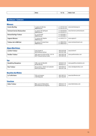 Adresse

Tel. / Fax

Website / E-mail

Traiteurs / Caterers

Monaco
Events My Way

7, avenue du Berceau
98000 Monaco

(+377) 97 70 21 38
(+377) 93 70 21 39

www.eventsmyway.mc

Fairmont Service Restauration

12, avenue des Spélugues
98000 Monaco

(+377) 93 50 65 00
(+377) 93 30 01 57

www.fairmont.com/montecarlo

Richard Borﬁga Traiteur

57, rue Grimaldi
98000 Monaco

(+377) 93 50 60 11
(+377) 93 50 60 12

Sogeres Monaco

13, avenue des Papalins
98000 Monaco

(+377) 92 05 77 31

www.sogeres.fr

Traiteur de la SBM (Le)

26, avenue Princesse-Grace
98000 Monaco

(+377) 98 06 70 01
(+377) 98 06 70 07

www.montecarloresort.com

Alpes-Maritimes
Lenôtre Traiteur

ZI de l’Argile 37
06370 Mouans-Sartoux

04 92 92 56 00
04 92 92 10 66

www.lenotre.fr

Pavillon Traiteur

340, chemin du Puits-du-Plan - B.P. 18
06371 Mouans-Sartoux Cedex

04 92 28 35 28
04 92 28 35 20

www.pavillontraiteur.com

Gaudefroy Réceptions

1945, route de Marseille
83190 Ollioules

04 94 63 16 16
04 94 63 10 11

www.gaudefroy-receptions.com

Paix Traiteur

ZA La Laouve - Chemin du Coudoulet
83470 Saint-Maximin

04 94 78 02 57
04 94 78 13 04

www.rolandpaixtraiteur.com

720, Les Arnavaux
13014 Marseille

04 91 90 76 12
04 91 56 29 91

www.latruffenoire.com

884, route de Châteaublanc
84310 Morières-les-Avignons

04 90 33 31 73
04 90 33 41 61

www.helentraiteur.com

Var

Bouches-du-Rhône
La Truffe Noire

Vaucluse
Helen Traiteur

159

 