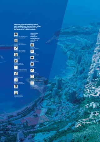 Légende des pictogrammes utilisés
dans les tableaux descriptifs des salles
Legend of the pictograms used in
the descriptive tables of rooms

NOMBRE DE CONGRESSISTES
NUMBER OF DELEGATES

NOMBRE DE SALLES
NUMBER OF CONFERENCE
ROOMS

Capacité des
salles par
disposition
Room capacity
according to
layout

EN ÉCOLE
SCHOOL LAYOUT
NOMBRE DE CHAMBRES
NUMBER OF BEDROOMS
EN THÉÂTRE
THEATER LAYOUT
TÉLÉVISIONS
TELEVISIONS
EN RÉUNION
MEETING LAYOUT
INTERNET SANS FIL
WIRE-FREE INTERNET
EN U
U LAYOUT
NOMBRE DE RESTAURANTS
NUMBER OF RESTAURANTS
EN BANQUET
BANQUET LAYOUT
PISCINES
SWIMMING POOLS
EN COCKTAIL
COCKTAIL PARTY LAYOUT
PARCS ET JARDINS
PARKS AND GARDENS

PARKING
CAR PARKS

MONTE-CHARGES
SERVICE ELEVATOR

N.C.
DONNÉES NON
COMMUNIQUÉES
DATA NOT COMMUNICATED

 