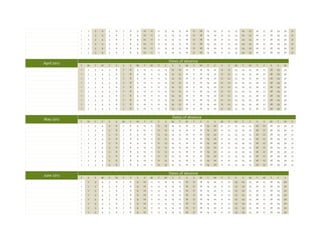 1   2   3   4   5   6   7   8   9   10   11   12   13    14   15   16   17   18   19   20   21   22   23   24   25   26   27   28   29   30   31
             1   2   3   4   5   6   7   8   9   10   11   12   13    14   15   16   17   18   19   20   21   22   23   24   25   26   27   28   29   30   31
             1   2   3   4   5   6   7   8   9   10   11   12   13    14   15   16   17   18   19   20   21   22   23   24   25   26   27   28   29   30   31
             1   2   3   4   5   6   7   8   9   10   11   12   13    14   15   16   17   18   19   20   21   22   23   24   25   26   27   28   29   30   31
             1   2   3   4   5   6   7   8   9   10   11   12   13    14   15   16   17   18   19   20   21   22   23   24   25   26   27   28   29   30   31
             1   2   3   4   5   6   7   8   9   10   11   12   13    14   15   16   17   18   19   20   21   22   23   24   25   26   27   28   29   30   31


                                                                     Dates of absence
April 2012   S   M   T   W   T   F   S   S   M   T    W    T    F     S    S    M    T    W    T    F    S    S    M    T    W    T    F    S    S    M
             1   2   3   4   5   6   7   8   9   10   11   12   13    14   15   16   17   18   19   20   21   22   23   24   25   26   27   28   29   30
             1   2   3   4   5   6   7   8   9   10   11   12   13    14   15   16   17   18   19   20   21   22   23   24   25   26   27   28   29   30
             1   2   3   4   5   6   7   8   9   10   11   12   13    14   15   16   17   18   19   20   21   22   23   24   25   26   27   28   29   30
             1   2   3   4   5   6   7   8   9   10   11   12   13    14   15   16   17   18   19   20   21   22   23   24   25   26   27   28   29   30
             1   2   3   4   5   6   7   8   9   10   11   12   13    14   15   16   17   18   19   20   21   22   23   24   25   26   27   28   29   30
             1   2   3   4   5   6   7   8   9   10   11   12   13    14   15   16   17   18   19   20   21   22   23   24   25   26   27   28   29   30
             1   2   3   4   5   6   7   8   9   10   11   12   13    14   15   16   17   18   19   20   21   22   23   24   25   26   27   28   29   30
             1   2   3   4   5   6   7   8   9   10   11   12   13    14   15   16   17   18   19   20   21   22   23   24   25   26   27   28   29   30
             1   2   3   4   5   6   7   8   9   10   11   12   13    14   15   16   17   18   19   20   21   22   23   24   25   26   27   28   29   30
             1   2   3   4   5   6   7   8   9   10   11   12   13    14   15   16   17   18   19   20   21   22   23   24   25   26   27   28   29   30


                                                                      Dates of absence
May 2012     T   W   T   F   S   S   M   T   W   T    F    S    S     M    T    W    T    F    S    S    M    T    W    T    F    S    S    M    T    W    T
             1   2   3   4   5   6   7   8   9   10   11   12   13    14   15   16   17   18   19   20   21   22   23   24   25   26   27   28   29   30   31
             1   2   3   4   5   6   7   8   9   10   11   12   13    14   15   16   17   18   19   20   21   22   23   24   25   26   27   28   29   30   31
             1   2   3   4   5   6   7   8   9   10   11   12   13    14   15   16   17   18   19   20   21   22   23   24   25   26   27   28   29   30   31
             1   2   3   4   5   6   7   8   9   10   11   12   13    14   15   16   17   18   19   20   21   22   23   24   25   26   27   28   29   30   31
             1   2   3   4   5   6   7   8   9   10   11   12   13    14   15   16   17   18   19   20   21   22   23   24   25   26   27   28   29   30   31
             1   2   3   4   5   6   7   8   9   10   11   12   13    14   15   16   17   18   19   20   21   22   23   24   25   26   27   28   29   30   31
             1   2   3   4   5   6   7   8   9   10   11   12   13    14   15   16   17   18   19   20   21   22   23   24   25   26   27   28   29   30   31
             1   2   3   4   5   6   7   8   9   10   11   12   13    14   15   16   17   18   19   20   21   22   23   24   25   26   27   28   29   30   31
             1   2   3   4   5   6   7   8   9   10   11   12   13    14   15   16   17   18   19   20   21   22   23   24   25   26   27   28   29   30   31
             1   2   3   4   5   6   7   8   9   10   11   12   13    14   15   16   17   18   19   20   21   22   23   24   25   26   27   28   29   30   31


                                                                     Dates of absence
June 2012    F   S   S   M   T   W   T   F   S   S    M    T    W     T    F    S    S    M    T    W    T    F    S    S    M    T    W    T    F    S
             1   2   3   4   5   6   7   8   9   10   11   12   13    14   15   16   17   18   19   20   21   22   23   24   25   26   27   28   29   30
             1   2   3   4   5   6   7   8   9   10   11   12   13    14   15   16   17   18   19   20   21   22   23   24   25   26   27   28   29   30
             1   2   3   4   5   6   7   8   9   10   11   12   13    14   15   16   17   18   19   20   21   22   23   24   25   26   27   28   29   30
             1   2   3   4   5   6   7   8   9   10   11   12   13    14   15   16   17   18   19   20   21   22   23   24   25   26   27   28   29   30
             1   2   3   4   5   6   7   8   9   10   11   12   13    14   15   16   17   18   19   20   21   22   23   24   25   26   27   28   29   30
             1   2   3   4   5   6   7   8   9   10   11   12   13    14   15   16   17   18   19   20   21   22   23   24   25   26   27   28   29   30
             1   2   3   4   5   6   7   8   9   10   11   12   13    14   15   16   17   18   19   20   21   22   23   24   25   26   27   28   29   30
             1   2   3   4   5   6   7   8   9   10   11   12   13    14   15   16   17   18   19   20   21   22   23   24   25   26   27   28   29   30
 