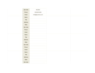 EuChemMS                                 Steve Smith

           Zip Code       M5J2R2

            Phone       (555)555-5555

            Email     mike@euchems.com

            Name

             Title

           Address

            State

           Zip Code

            Phone

            Email

            Name

             Title

           Address

            State

           Zip Code

            Phone

            Email

            Name

             Title

           Address

            State

           Zip Code
 