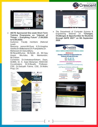 E
2
 AICTE Sponsored One week Short Term
Training Programme on “Internet of
Things – Everything Future” (7.09.2020
to12.09.2020)
Audience: Faculty members (National
Level)
Resource person:Mr.Durai K,Dr.Angelina
Geetha,Dr.Malleswaran,Dr.Pushpalatha,Dr.
Maheswari,Dr.SaburaBanu,
Mr.RevanthKumar, Mr.Rohith JK, Mr.Vijay
Anand, Mrs.Azka, Mr. Manikandan,
Mr.Charan
Conveners: Dr.VenkatesanSelvam, Dean,
SCIMS, Dr. E. Syed Mohamed, HOD/CSE
Co-ordinators: Dr.S.Revathi, Professor,
CSE, Dr.Sabiyath Fatima, CSE, Dr.Muthu
Priya, CA
 The Department of Computer Science &
Engineering Webinar on “Changes,
Challenges & Opportunities for Students
through GATE 2021″ on 9th September
2020
 
