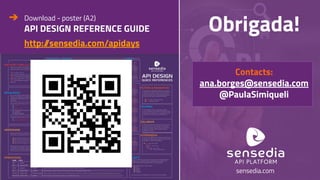 sensedia.com
Obrigada!
Contacts:
ana.borges@sensedia.com
@PaulaSimiqueli
➔ Download - poster (A2)
API DESIGN REFERENCE GUIDE
http://sensedia.com/apidays
 