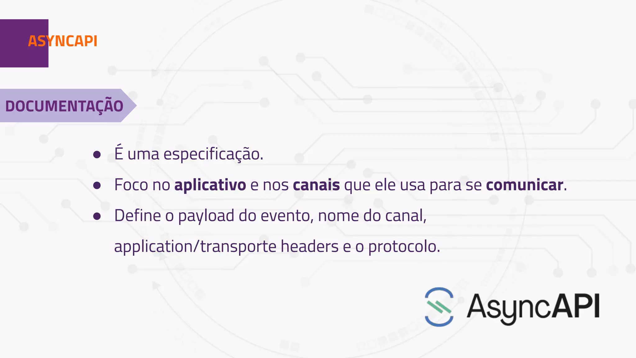 1ASYNCAPI
● É uma especificação.
● Foco no aplicativo e nos canais que ele usa para se comunicar.
● Define o payload do evento, nome do canal,
application/transporte headers e o protocolo.
DOCUMENTAÇÃO
 
