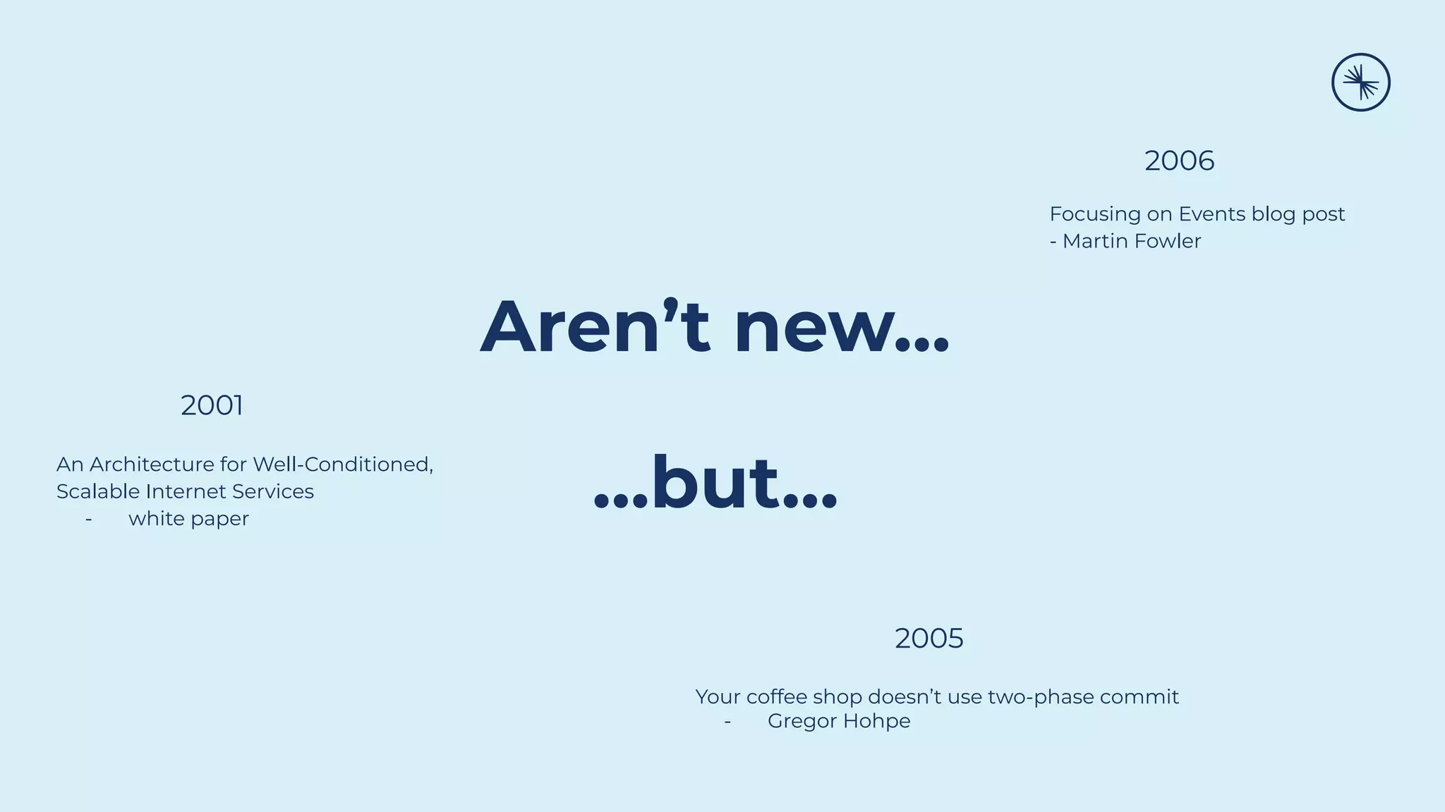 Aren’t new…
…but…
An Architecture for Well-Conditioned,
Scalable Internet Services
- white paper
Focusing on Events blog post
- Martin Fowler
2001
2006
Your coffee shop doesn’t use two-phase commit
- Gregor Hohpe
2005
 