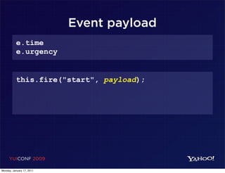 Event payload
          e.time
          e.urgency


          this.fire("start", payload);




     YUICONF 2009

Monday, January 17, 2011
 