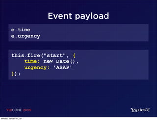 Event payload
          e.time
          e.urgency


          this.fire("start", {
              time: new Date(),
              urgency: 'ASAP'
          });




     YUICONF 2009

Monday, January 17, 2011
 