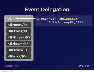 Event Delegation
        <UL>                   Y.one('ul').delegate(
                                     'click',sayHi,'li');
             <li>one</li>
             <li>two</li>
             <li>three</li>
             <li>four</li>
             <li>five</li>
             <li>six</li>

     YUICONF 2009

Monday, January 17, 2011
 
