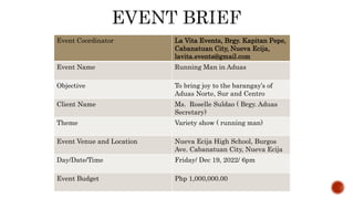 Event Coordinator La Vita Events, Brgy. Kapitan Pepe,
Cabanatuan City, Nueva Ecija,
lavita.events@gmail.com
Event Name Run...