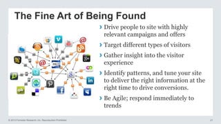 The Fine Art of Being Found

› Drive people to site with highly
relevant campaigns and offers

› Target different types of visitors
› Gather insight into the visitor
experience

› Identify patterns, and tune your site
to deliver the right information at the
right time to drive conversions.

› Be Agile; respond immediately to
trends
© 2013 Forrester Research, Inc. Reproduction Prohibited

21

 