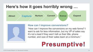 Here’s how it goes horribly wrong …
Attract

Capture

Nurture

Convert

Expand

How can I improve conversions?
―How can I improve the conversions on my web forms? I
want to ask for less information, but my VP of sales say
it‘s not a lead if they won‘t tell us their title, phone
number, and size of their sales team at a minimum.‖

© 2013 Forrester Research, Inc. Reproduction Prohibited

24

 