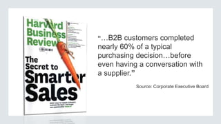 “…B2B customers completed

nearly 60% of a typical
purchasing decision…before
even having a conversation with
a supplier.”
Source: Corporate Executive Board

 