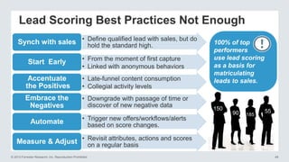 Lead Scoring Best Practices Not Enough
Synch with sales • Define qualified lead with sales, but do
hold the standard high.
Start Early

• From the moment of first capture
• Linked with anonymous behaviors

Accentuate
the Positives

• Late-funnel content consumption
• Collegial activity levels

Embrace the
Negatives

• Downgrade with passage of time or
discover of new negative data

Automate

• Trigger new offers/workflows/alerts
based on score changes.

100% of top
performers
use lead scoring
as a basis for
matriculating
leads to sales.

150

90

185

55

Measure & Adjust • Revisit attributes, actions and scores
on a regular basis
© 2013 Forrester Research, Inc. Reproduction Prohibited

48

 