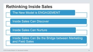 Rethinking Inside Sales
The New Model is ENGAGEMENT

Inside Sales Can Discover
Inside Sales Can Nurture
Inside Sales Can Be the Bridge between Marketing
and Field Sales
© 2013 Forrester Research, Inc. Reproduction Prohibited

54

 
