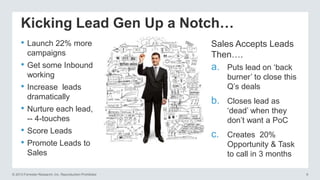 Kicking Lead Gen Up a Notch…
• Launch 22% more
campaigns

• Get some Inbound
working

Sales Accepts Leads
Then….

a.

Puts lead on ‗back
burner‘ to close this
Q‘s deals

b.

Closes lead as
‗dead‘ when they
don‘t want a PoC

c.

Creates 20%
Opportunity & Task
to call in 3 months

• Increase

leads
dramatically

• Nurture each lead,
-- 4-touches

• Score Leads
• Promote Leads to
Sales
© 2013 Forrester Research, Inc. Reproduction Prohibited

9

 