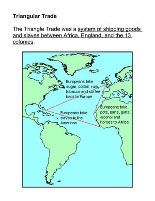 Triangular Trade

The Triangle Trade was a system of shipping goods
and slaves between Africa, England, and the 13
colonies.
 