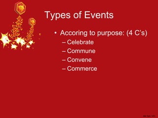 Types of Events
• Accoring to purpose: (4 C’s)
– Celebrate
– Commune
– Convene
– Commerce
 