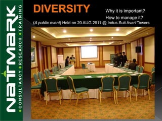 DIVERSITYWhy it is important? 				How to manage it?(A public event) Held on 20 AUG 2011 @ Indus Suit Avari Towers 