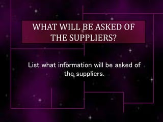 WHAT WILL BE ASKED OF
THE SUPPLIERS?
List what information will be asked of
the suppliers.
 
