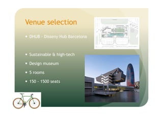 Venue selection
DHUB - Disseny Hub Barcelona
Sustainable & high-tech
Design museum
5 rooms
150 - 1500 seats
 