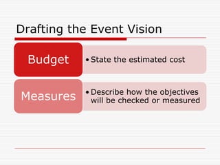 Drafting the Event Vision

 Budget    • State the estimated cost



           • Describe how the objectives
Measures     will be checked or measured
 