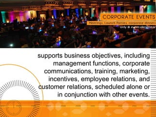 supports business objectives, including
management functions, corporate
communications, training, marketing,
incentives, employee relations, and
customer relations, scheduled alone or
in conjunction with other events.
 