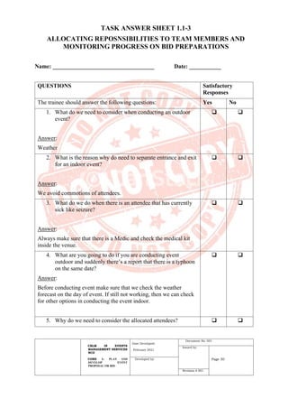 CBLM IN EVENTS
MANAGEMENT SERVICES
NCII
CORE 1: PLAN AND
DEVELOP EVENT
PROPOSAL OR BID
Date Developed:
February 2021
Document No. 001
Issued by:
Page 30
Developed by:
Revision # 001
TASK ANSWER SHEET 1.1-3
ALLOCATING REPOSNSIBILITIES TO TEAM MEMBERS AND
MONITORING PROGRESS ON BID PREPARATIONS
Name: ___________________________________ Date: ___________
QUESTIONS Satisfactory
Responses
The trainee should answer the following questions: Yes No
1. What do we need to consider when conducting an outdoor
event?
Answer:
Weather
❑ ❑
2. What is the reason why do need to separate entrance and exit
for an indoor event?
Answer:
We avoid commotions of attendees.
❑ ❑
3. What do we do when there is an attendee that has currently
sick like seizure?
Answer:
Always make sure that there is a Medic and check the medical kit
inside the venue.
❑ ❑
4. What are you going to do if you are conducting event
outdoor and suddenly there’s a report that there is a typhoon
on the same date?
Answer:
Before conducting event make sure that we check the weather
forecast on the day of event. If still not working, then we can check
for other options in conducting the event indoor.
❑ ❑
5. Why do we need to consider the allocated attendees? ❑ ❑
 