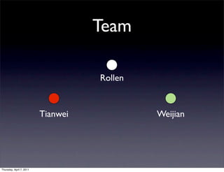 Team

                                    Rollen


                          Tianwei            Weijian




Thursday, April 7, 2011
 