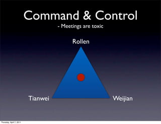 Command & Control
                                    - Meetings are toxic

                                          Rollen




                          Tianwei                          Weijian


Thursday, April 7, 2011
 