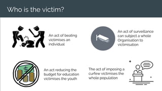Who is the victim?
An act of surveillance
can subject a whole
Organisation to
victimisation
An act reducing the
budget for education
victimises the youth
The act of imposing a
curfew victimises the
whole population
An act of beating
victimises an
individual
 