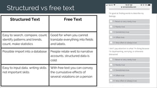 Structured vs free text
Structured Text Free Text
Easy to search, compare, count,
identify patterns and trends,
count, make statistics
Good for when you cannot
translate everything into fields
and labels.
Possible import into a database People relate well to narrative
accounts, structured data is
cold.
Easy to input data, writing skills
not important skills
With free text you can convey
the cumulative effects of
several violations on a person
 