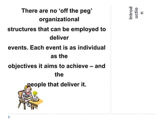 Introd
uctio
n
There are no ‘off the peg’
organizational
structures that can be employed to
deliver
events. Each event is as individual
as the
objectives it aims to achieve – and
the
people that deliver it.
 