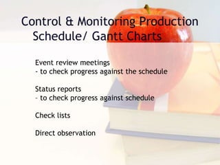 Event review meetings
- to check progress against the schedule
Status reports
– to check progress against schedule
Check lists
Direct observation
 