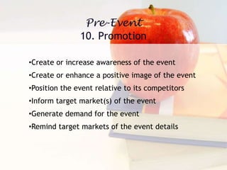 •Create or increase awareness of the event
•Create or enhance a positive image of the event
•Position the event relative to its competitors
•Inform target market(s) of the event
•Generate demand for the event
•Remind target markets of the event details
 