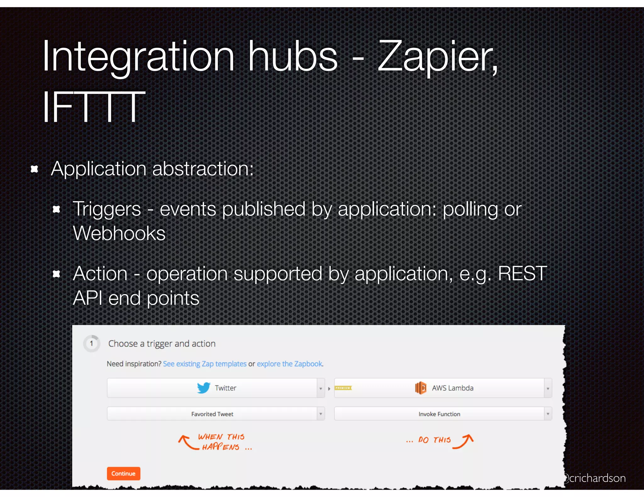 @crichardson
Integration hubs - Zapier,
IFTTT
Application abstraction:
Triggers - events published by application: polling or
Webhooks
Action - operation supported by application, e.g. REST
API end points
 