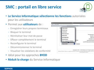 SMC : portail en libre service
• Le Service Informatique sélectionne les fonctions autorisées
pour les utilisateurs
• Permet aux utilisateurs de :
￮
￮
￮
￮
￮
￮
￮

Enregistrer leurs propres terminaux
Bloquer le terminal
Réinitialiser leur mot de passe
Effacer complètement le terminal
Reconfigurer le terminal
Décommissionner le terminal
Visualiser les violations de conformité

• Idéal pour les approches BYOD
• Réduit la charge du Service Informatique
35

 