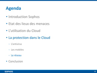 Agenda
• Introduction Sophos
• Etat des lieux des menaces
• L’utilisation du Cloud
• La protection dans le Cloud
￮

L’antivirus

￮

Les mobiles

￮

Le réseau

• Conclusion
38

 