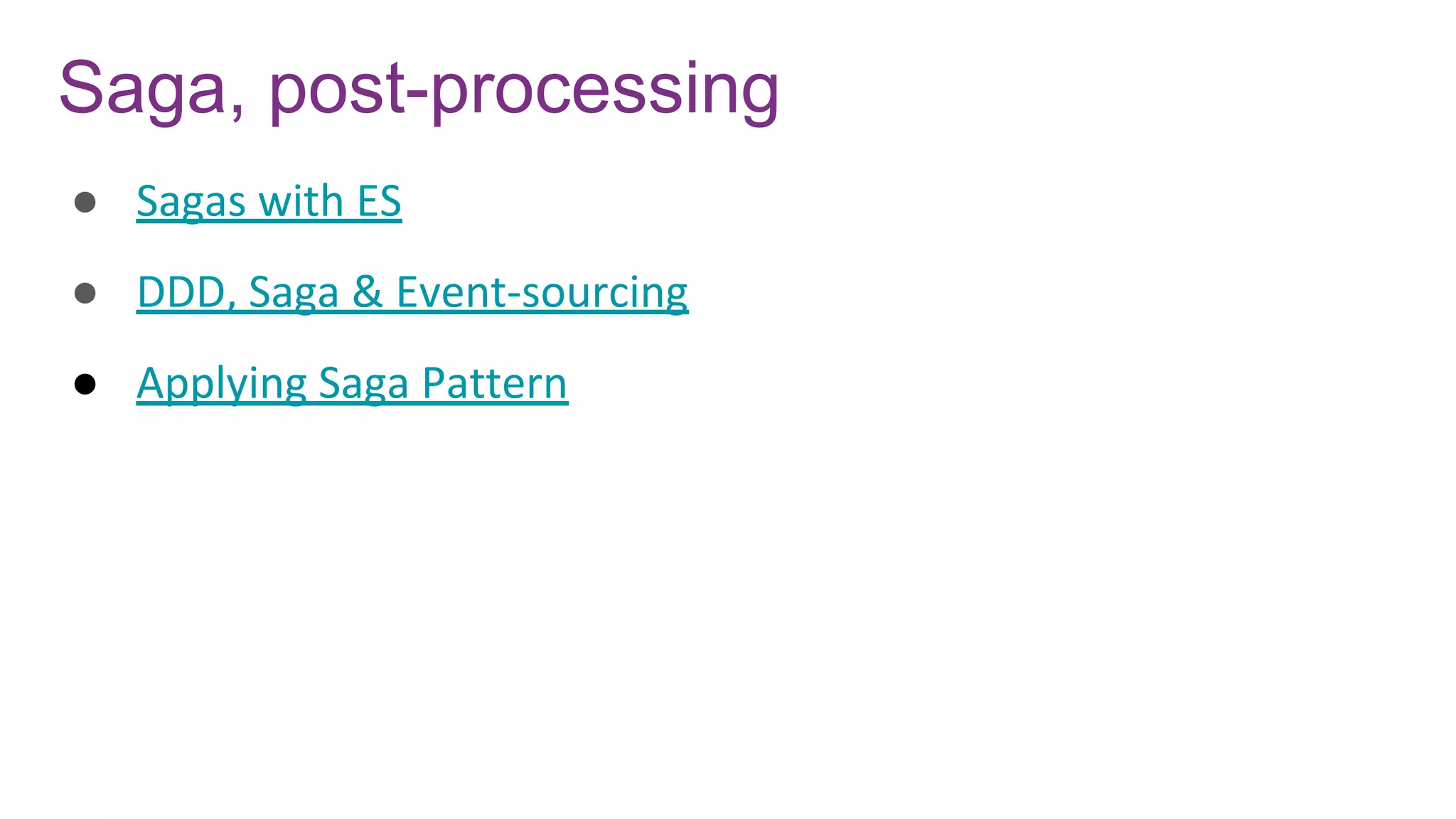 Saga, post-processing
● Sagas with ES
● DDD, Saga & Event-sourcing
● Applying Saga Pattern
 
