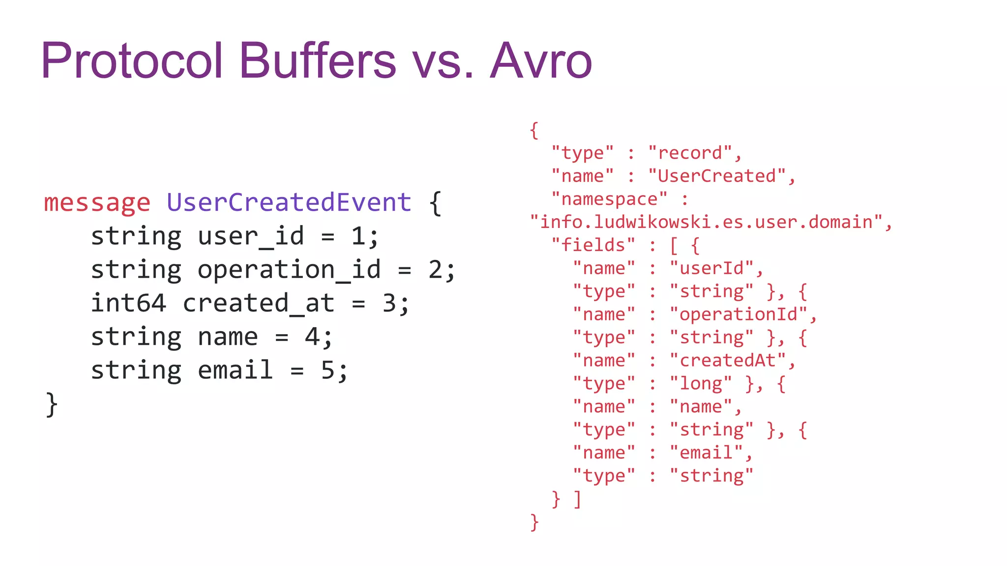 Protocol Buffers vs. Avro
{
"type" : "record",
"name" : "UserCreated",
"namespace" :
"info.ludwikowski.es.user.domain",
"fields" : [ {
"name" : "userId",
"type" : "string" }, {
"name" : "operationId",
"type" : "string" }, {
"name" : "createdAt",
"type" : "long" }, {
"name" : "name",
"type" : "string" }, {
"name" : "email",
"type" : "string"
} ]
}
message UserCreatedEvent {
string user_id = 1;
string operation_id = 2;
int64 created_at = 3;
string name = 4;
string email = 5;
}
 