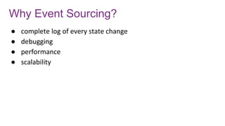 Why Event Sourcing?
● complete log of every state change
● debugging
● performance
● scalability
 
