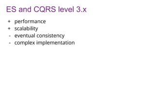 ES and CQRS level 3.x
+ performance
+ scalability
- eventual consistency
- complex implementation
 