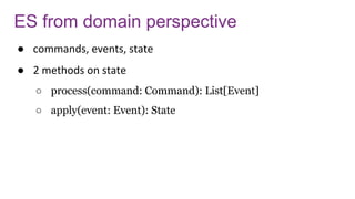ES from domain perspective
● commands, events, state
● 2 methods on state
○ process(command: Command): List[Event]
○ apply(event: Event): State
 