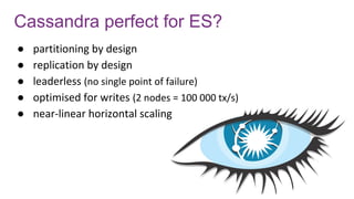 Cassandra perfect for ES?
● partitioning by design
● replication by design
● leaderless (no single point of failure)
● optimised for writes (2 nodes = 100 000 tx/s)
● near-linear horizontal scaling
 