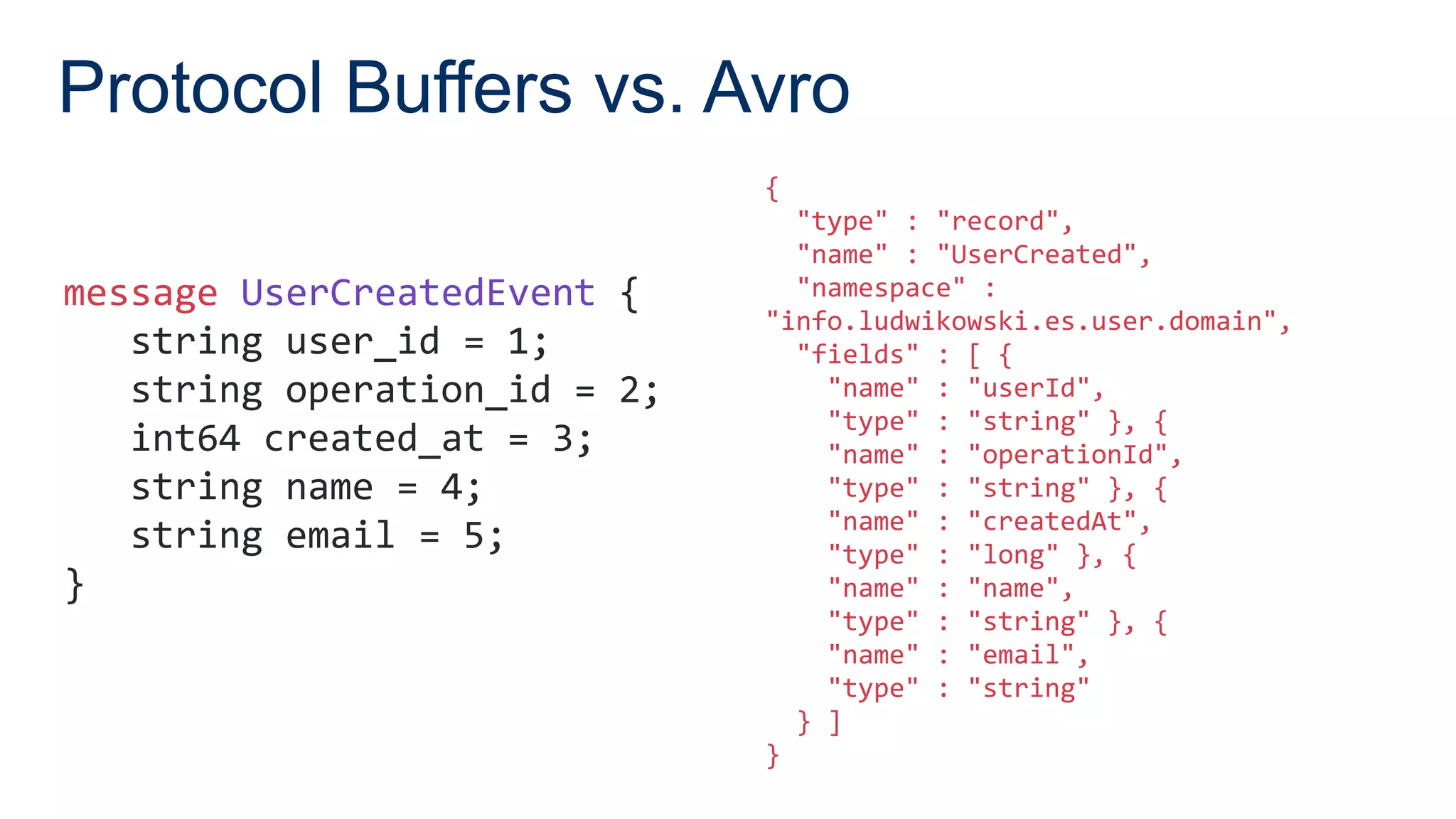 Protocol Buffers vs. Avro
{
"type" : "record",
"name" : "UserCreated",
"namespace" :
"info.ludwikowski.es.user.domain",
"fields" : [ {
"name" : "userId",
"type" : "string" }, {
"name" : "operationId",
"type" : "string" }, {
"name" : "createdAt",
"type" : "long" }, {
"name" : "name",
"type" : "string" }, {
"name" : "email",
"type" : "string"
} ]
}
message UserCreatedEvent {
string user_id = 1;
string operation_id = 2;
int64 created_at = 3;
string name = 4;
string email = 5;
}
 