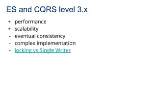 ES and CQRS level 3.x
+ performance
+ scalability
- eventual consistency
- complex implementation
- locking vs Single Writer
 