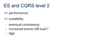 ES and CQRS level 2
+/- performance
+/- scalability
- eventual consistency
- increased events DB load ?
- lags
 