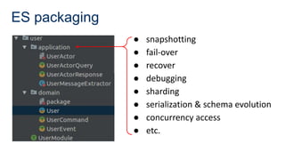 ES packaging
● snapshotting
● fail-over
● recover
● debugging
● sharding
● serialization & schema evolution
● concurrency access
● etc.
 