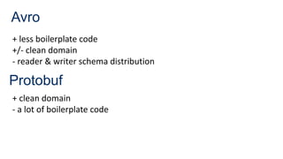 Avro
+ less boilerplate code
+/- clean domain
- reader & writer schema distribution
Protobuf
+ clean domain
- a lot of boilerplate code
 